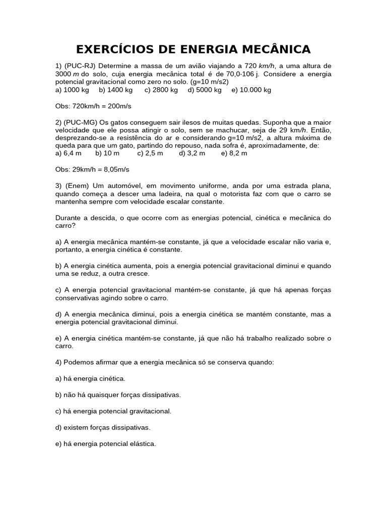 EXERCÍCIOS DE ENERGIA MECÂNICA - 1 Série - EM - Física | PDF | Métodos ...