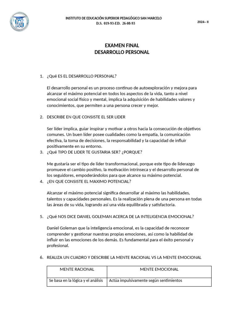 Examen de Desarrollo Personal | PDF | Las emociones | Liderazgo