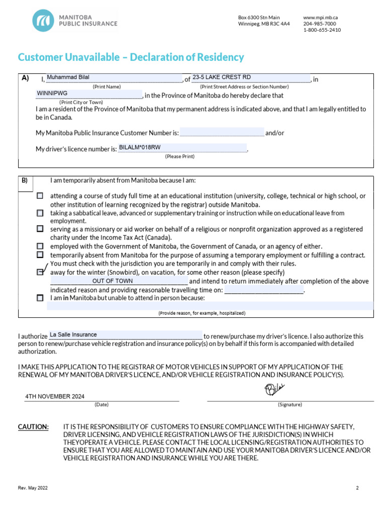 Customer Unavailable Declaration Form | PDF | Driver's License | Insurance