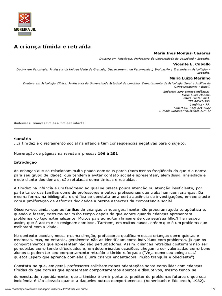 A Criança Tímida e Retraída | PDF | Comportamento | Sociologia