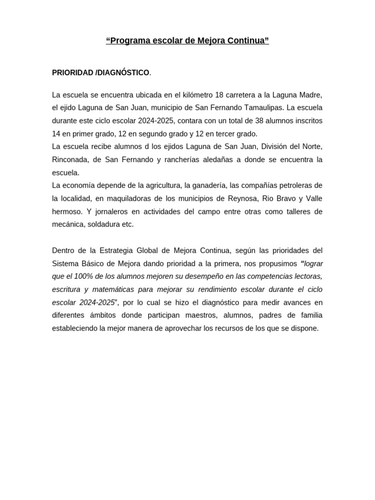 Programa Escolar de Mejora Continua | PDF | Maestros | Evaluación