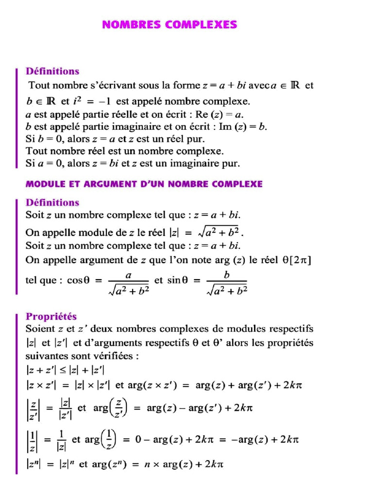 Nombres complexes : définitions et propriétés | PDF | Nombre complexe ...