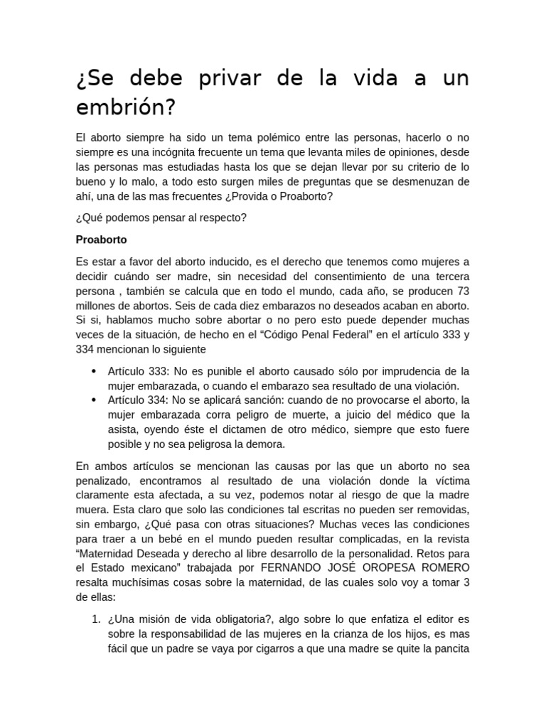 ¿Se Debe Privar de La Vida A Un Embrión?: Proaborto | PDF | Aborto ...
