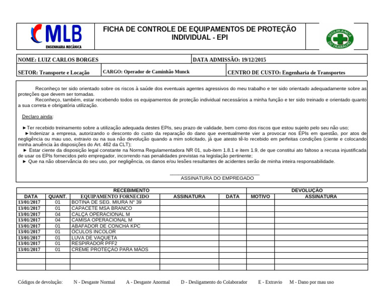Controle de EPIs para Operador de Caminhão | PDF | Negócios | Finanças ...