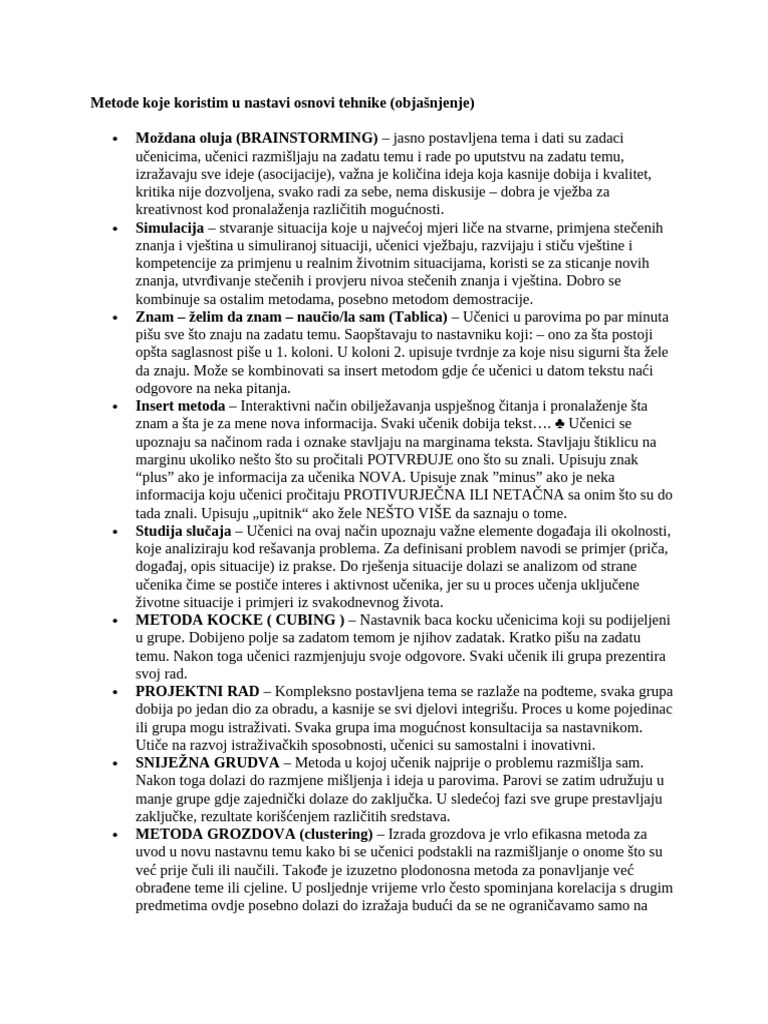 Metode Koje Koristim U Nastavi Osnovi Tehnike | PDF