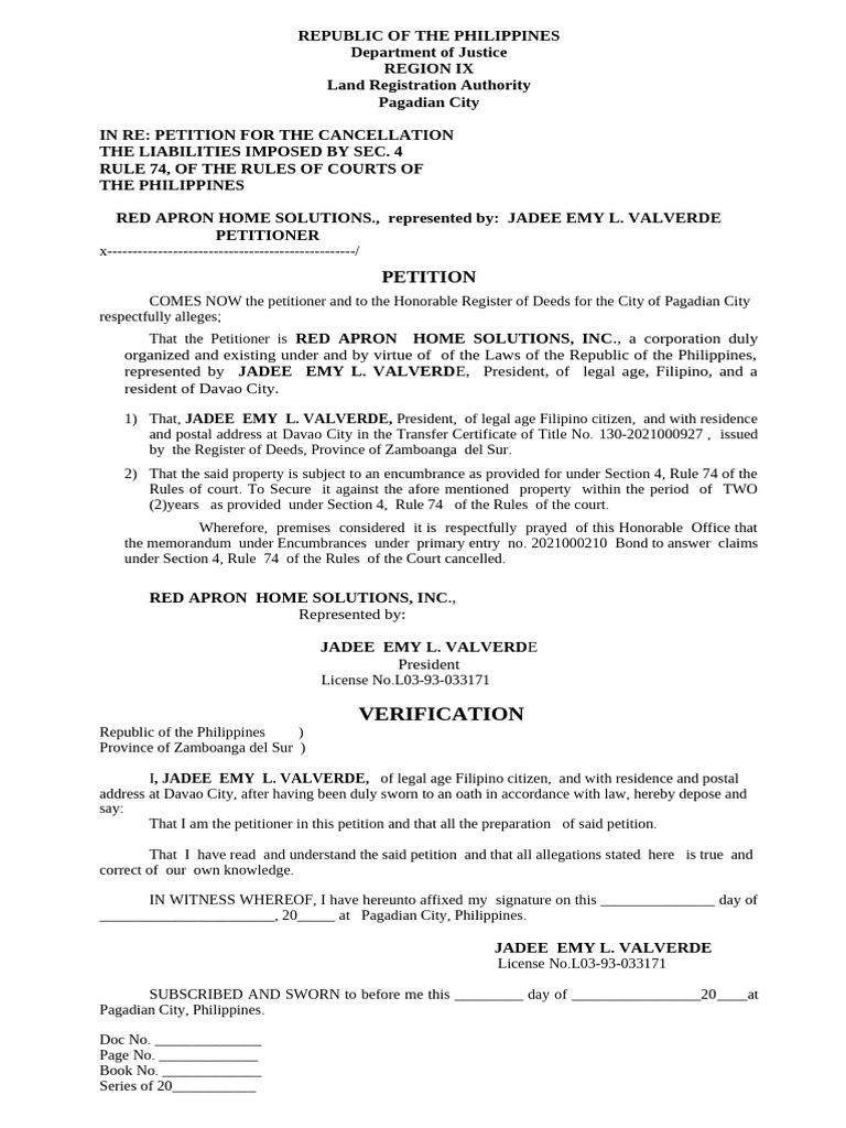 Petition to Cancel Sec. 4 Rule 74 Encumbrance | PDF | Government | Justice