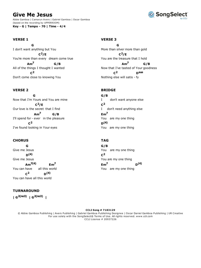 Give me jesus chords g pdf