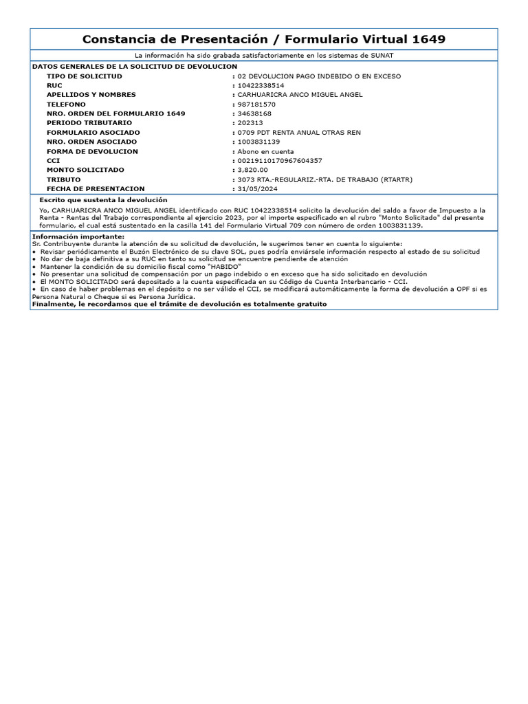 Resultado de La Solicitud - Devolución Sunat 2023 | PDF | Pagos