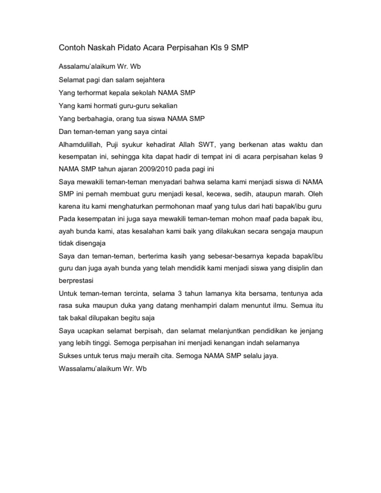 Contoh Naskah Pidato Acara Perpisahan Kls 9 Smp