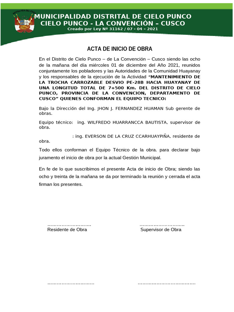 Acta de Inicio de Obra 01 | PDF | Gobierno