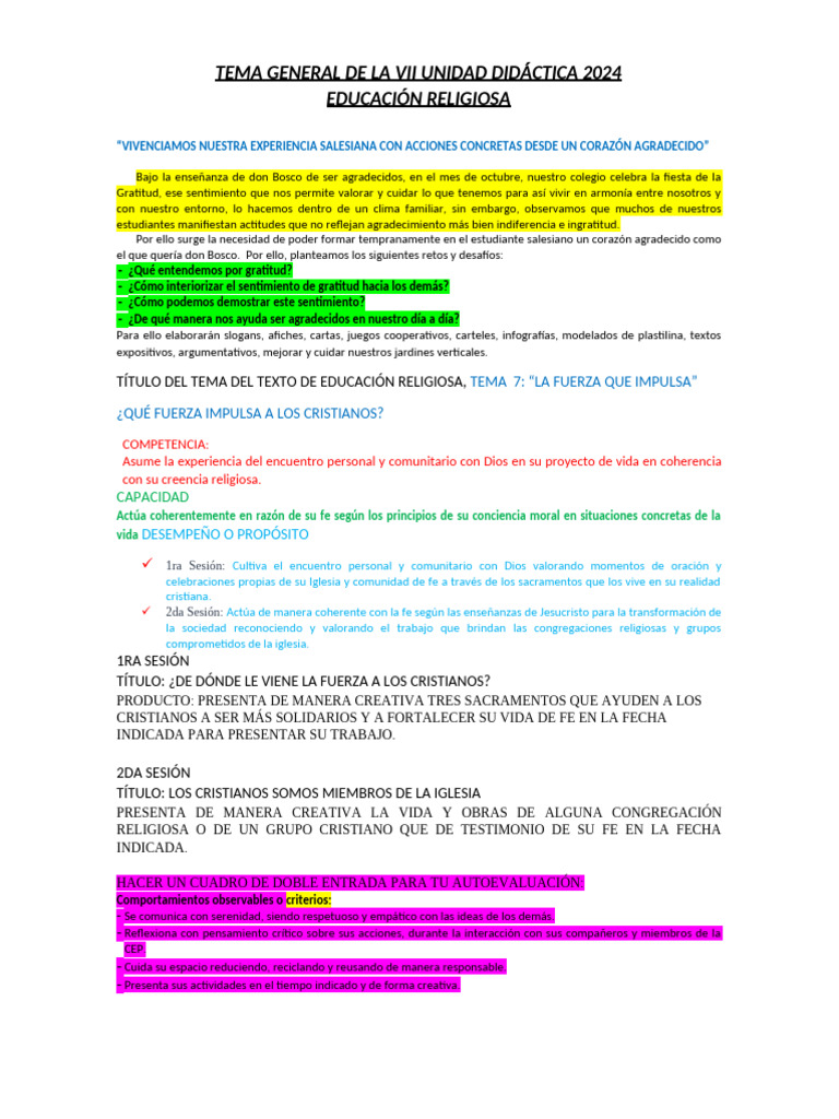 Tema General de La Vii Unidad Didactica 2024 Er | PDF | Fe | Gratitud