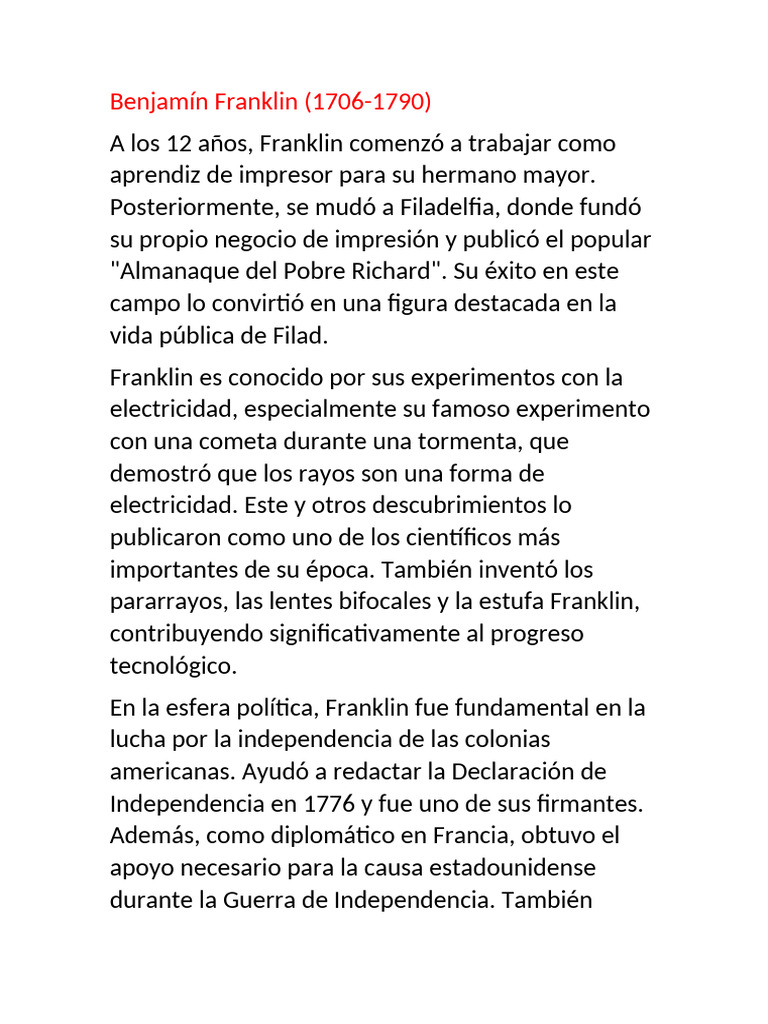 Benjamín Franklin Biografia | PDF