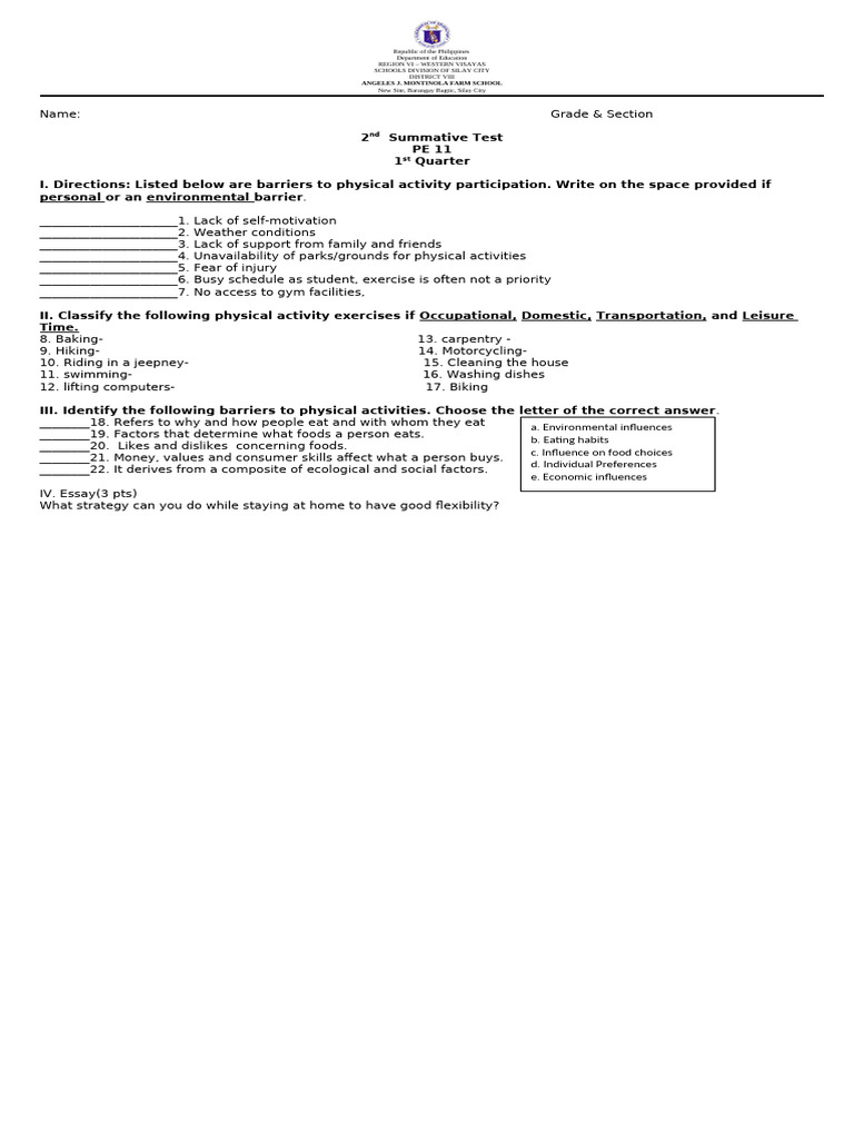 2nd Sum Test PE 11 1st Quarter | PDF
