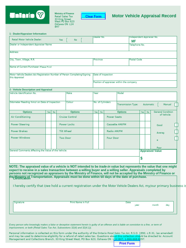 Ontario Motor Vehicle Appraisal Form | PDF | Real Estate Appraisal ...