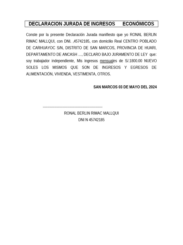 Declaración Jurada de Ingresos 2024 | PDF | Finanzas y dinero