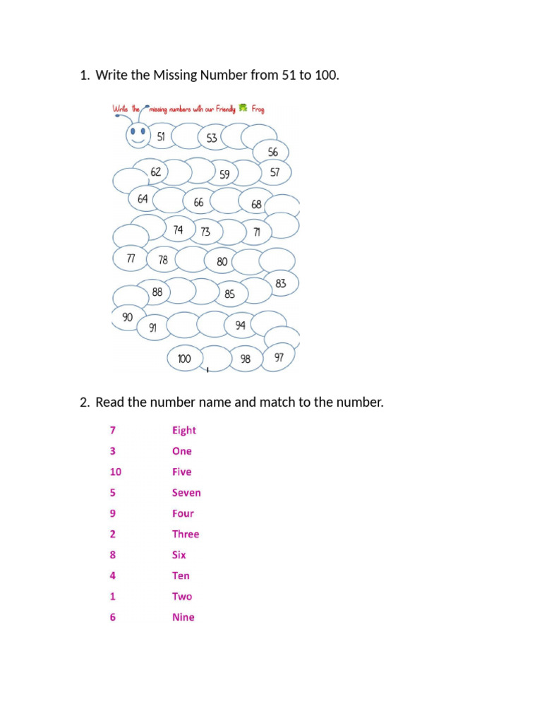 Write the missing number from 51 to 100 pdf