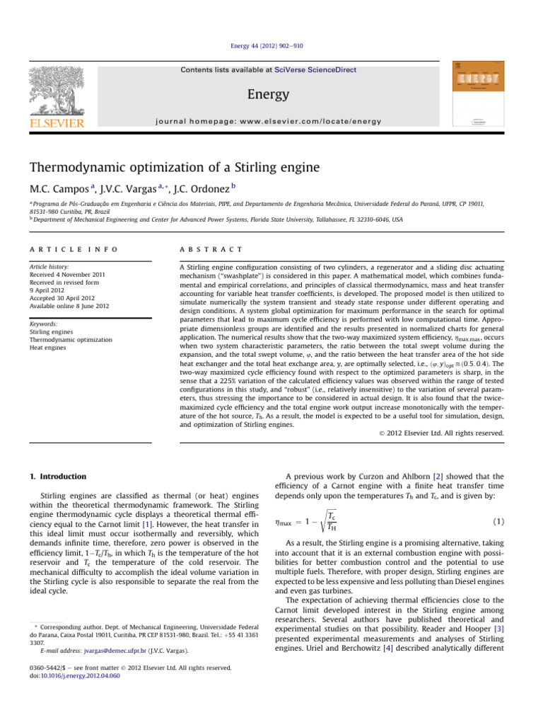 Thermodynamic Optimization of A Stirling Engine | PDF | Heat ...