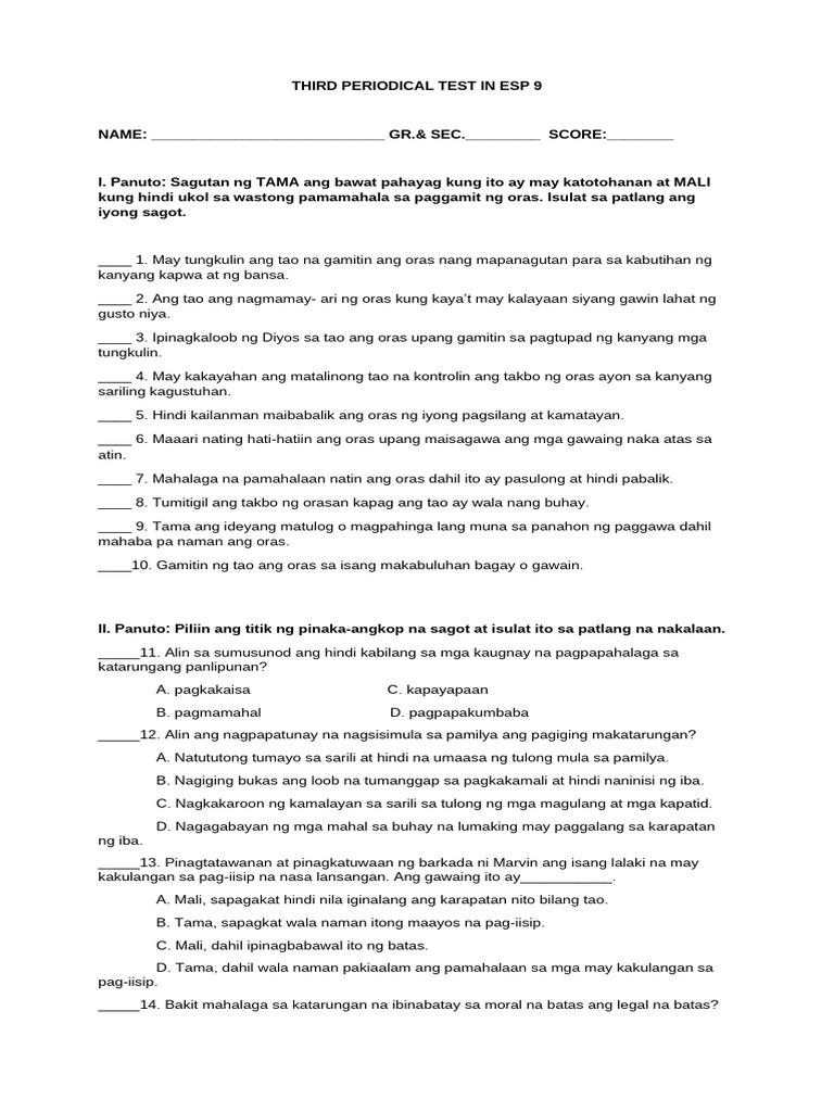 Third Periodical Test in Esp 9 | PDF