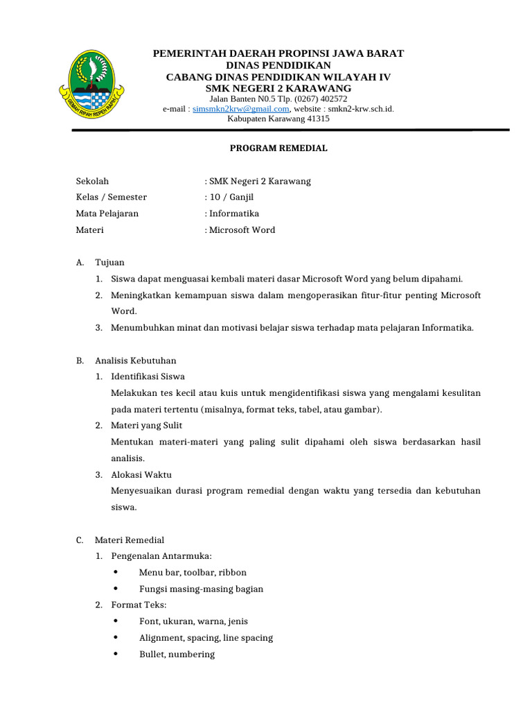 Program Remedial Microsoft Word SMK Karawang | PDF