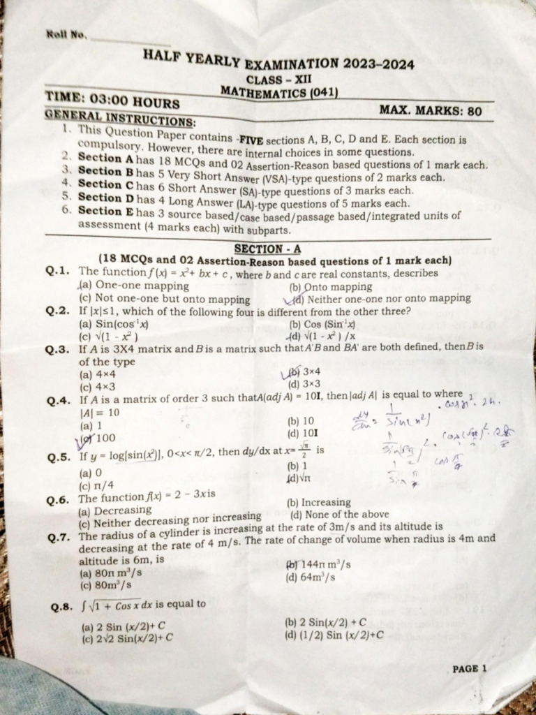 Mathematics, Half Yearly Examination 2023-2024 | PDF
