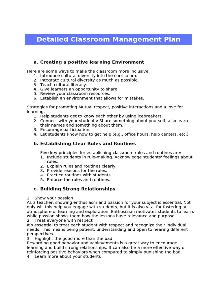 Detailed Classroom-Management-Plan 2 | PDF | Classroom Management ...