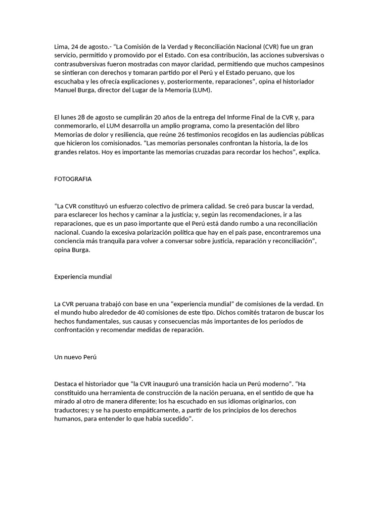 20 años de la CVR: Memoria y Reconciliación | PDF | Perú