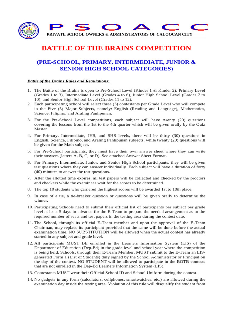 Battle of the Brains Competition Rules | PDF | Middle Schools