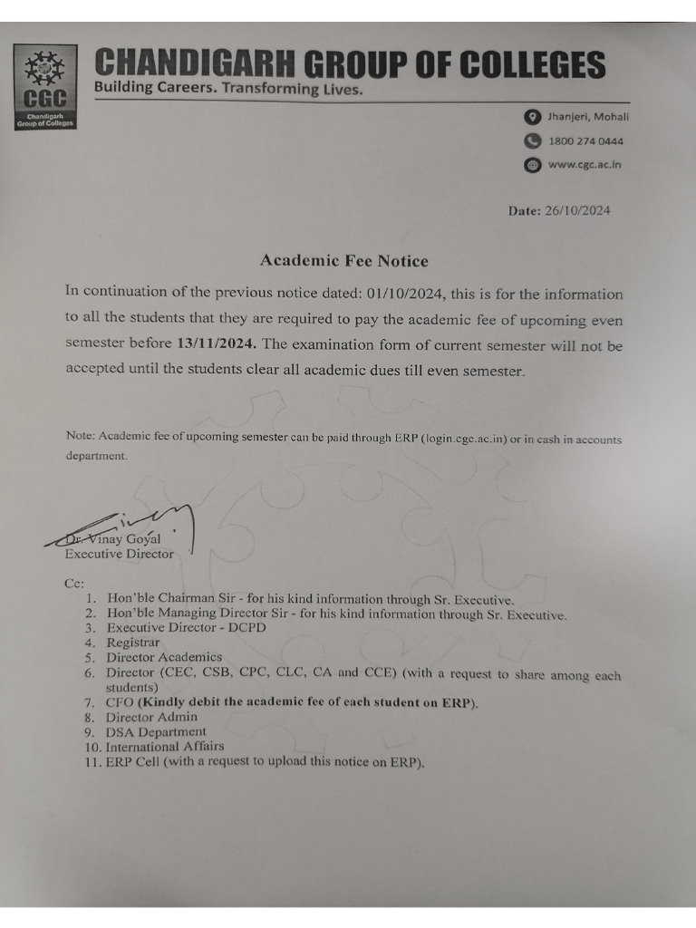 Academic Fee Notice 26.10 | PDF
