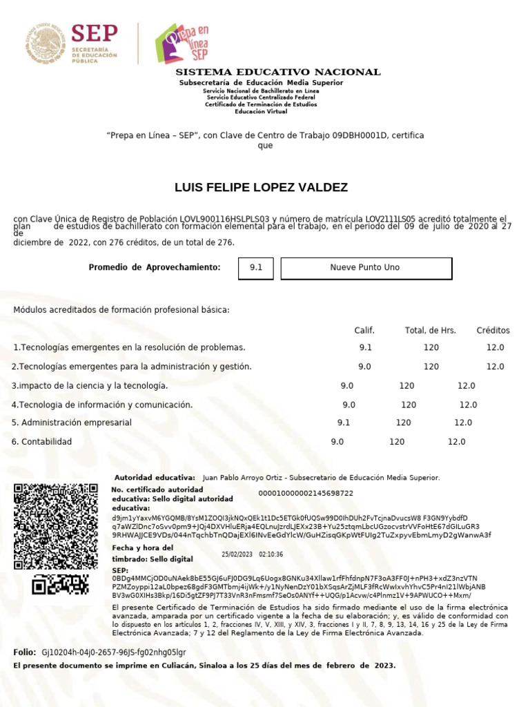 Certificado de Bachillerato en Línea SEP | PDF