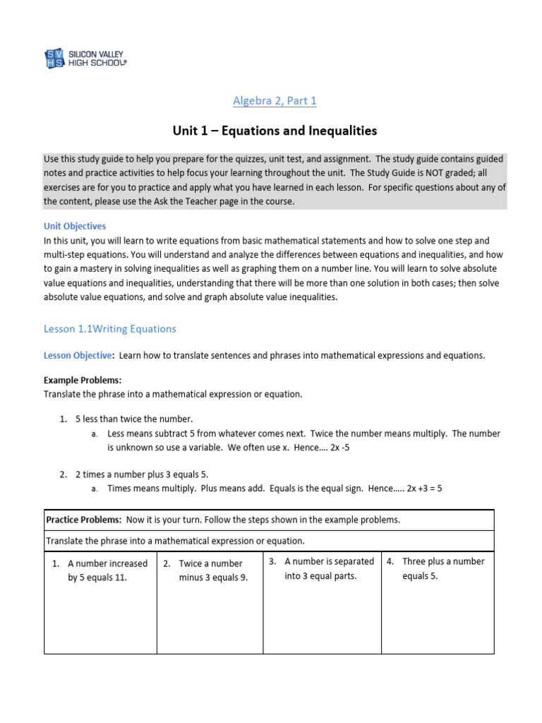 Algebra 2 Unit 1 Study Guide: Inequalities | PDF | Equations ...