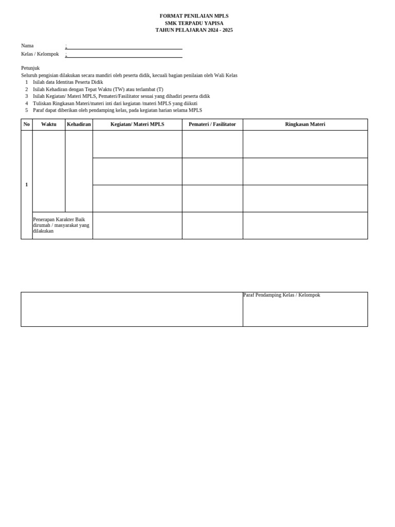 Format Penilaian MPLS SMK Yapisa 2024-2025 | PDF