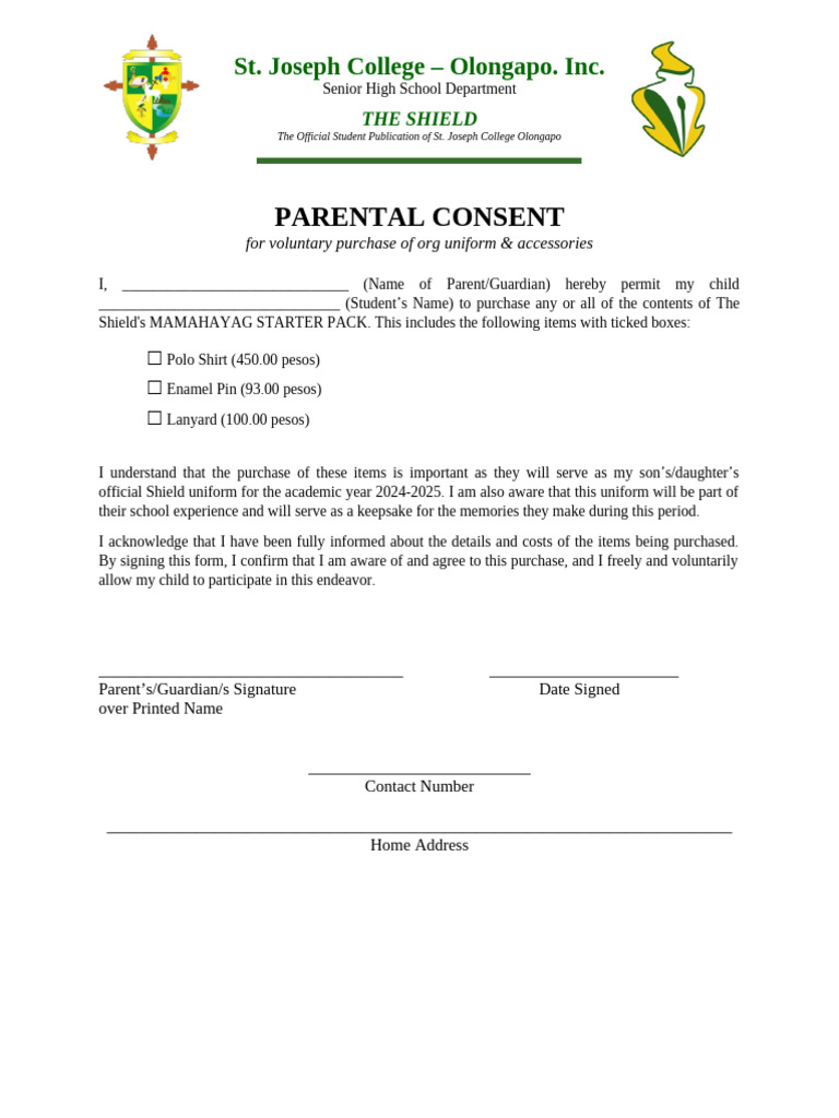 Parental Consent for Uniform Purchase | PDF | Wellness
