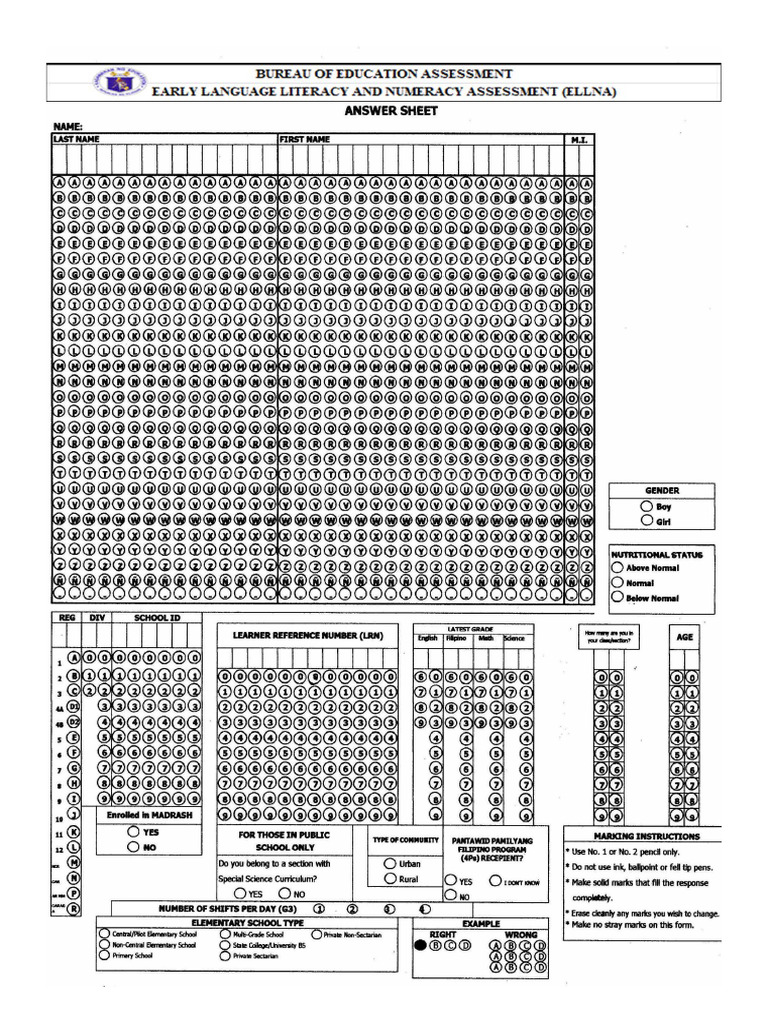 ELLNA Answer Sheet With LRN | PDF