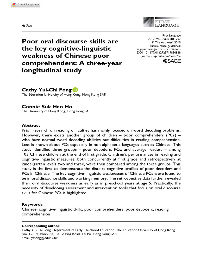 Cognitive Weaknesses in Chinese Poor Comprehenders | PDF | Reading ...