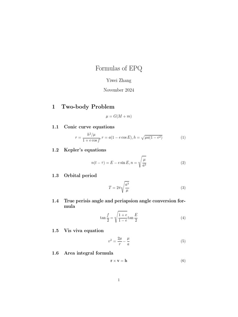 EPQ Formulas for Orbital Mechanics | PDF