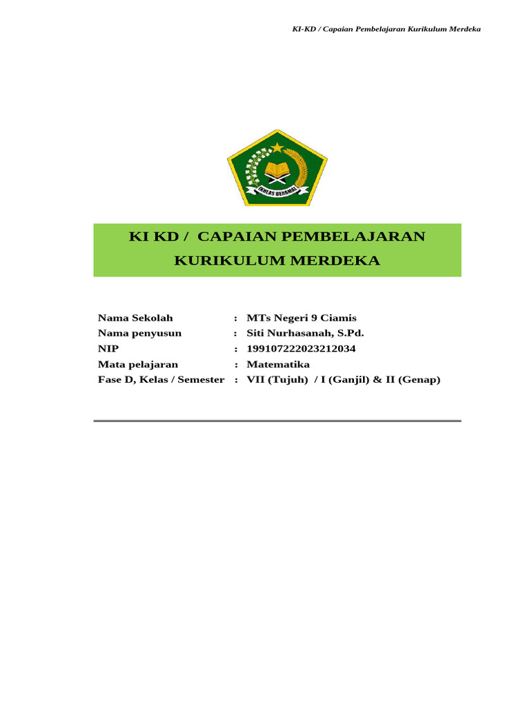 Capaian Pembelajaran Matematika Kelas VII | PDF | Metode & Bahan Ajar ...