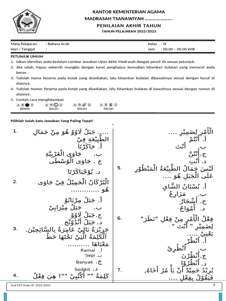 Kls 9 PAT Bahasa Arab 2022 2023 | PDF