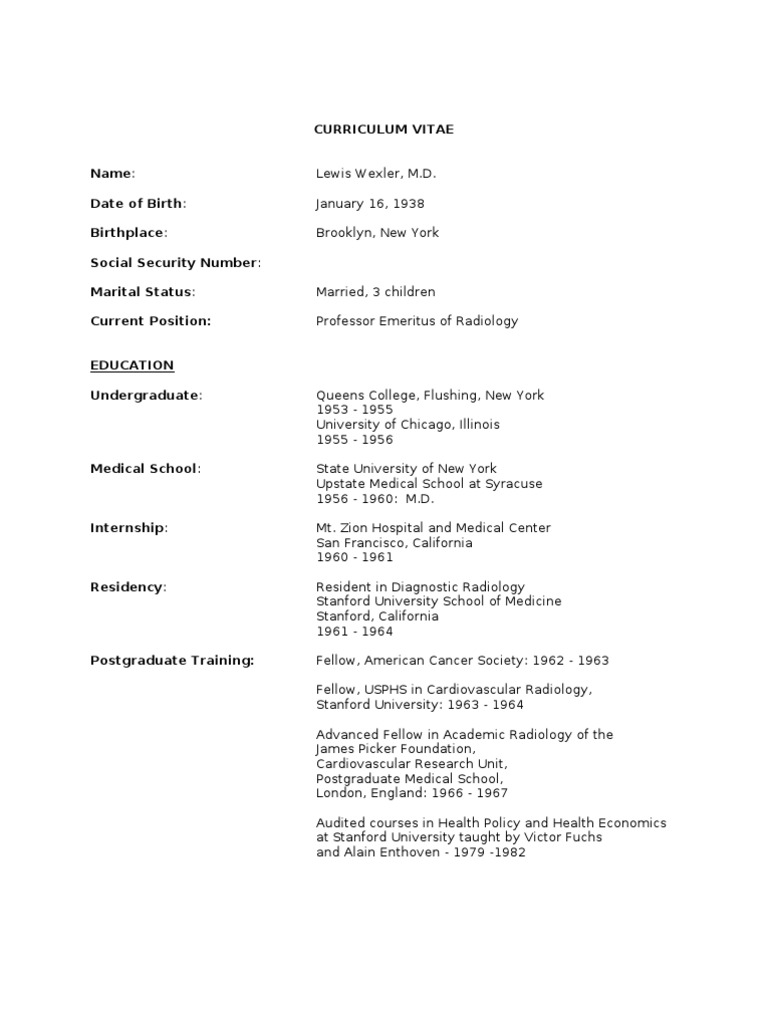 Lewis Wexler CV PDF Interventional Radiology Radiology
