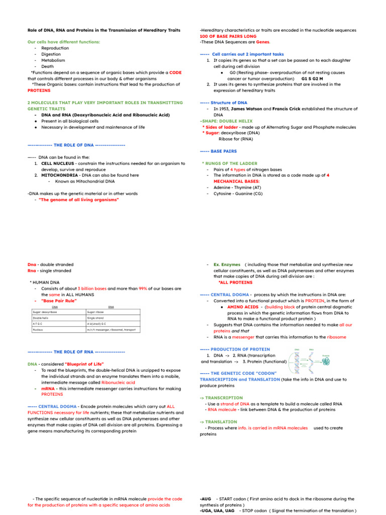 Role of DNA, RNA and Proteins in The Transmission of Hereditary Traits ...