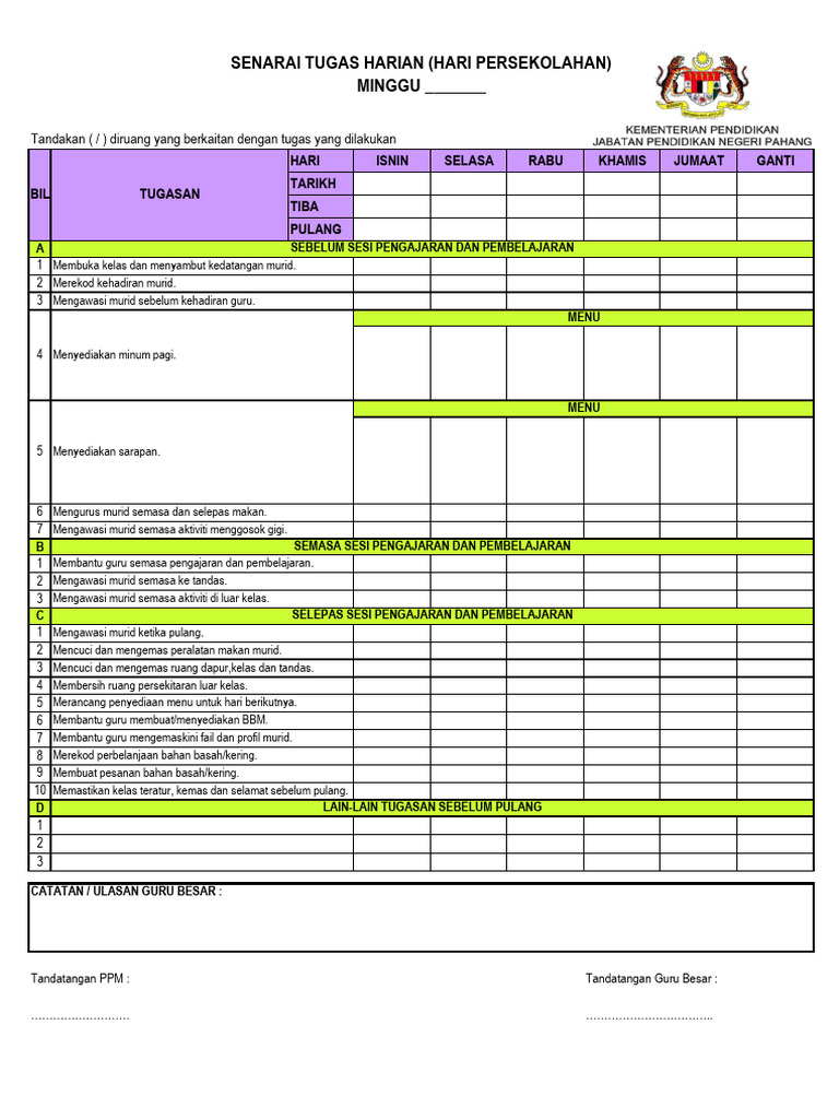Tugasan Harian PPM (Hari Persekolahan) PDF 2024 | PDF | Karier ...