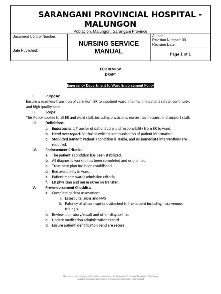 ER to Ward Patient Transfer Policy | PDF | Patient | Hospital
