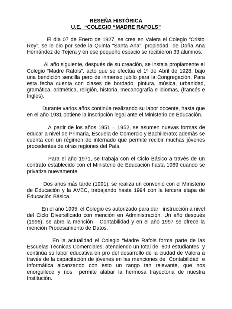 Historia del Colegio Madre Rafols | PDF