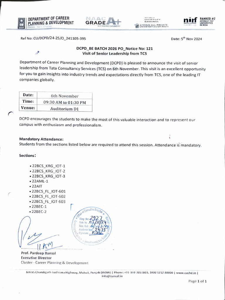 TCS Leadership Visit Announcement for Students | PDF