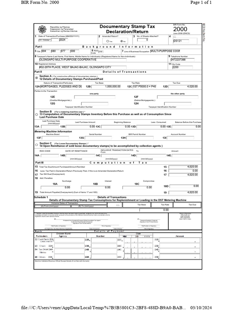 BIR Form 2000: Documentary Stamp Tax Return | PDF | Taxes | Mortgage Law