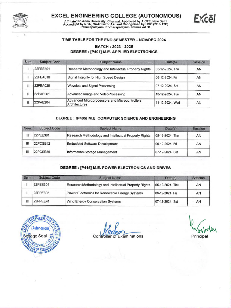 Semeter Exam Time Table - Nov Dec 2024 PG - II Year | PDF