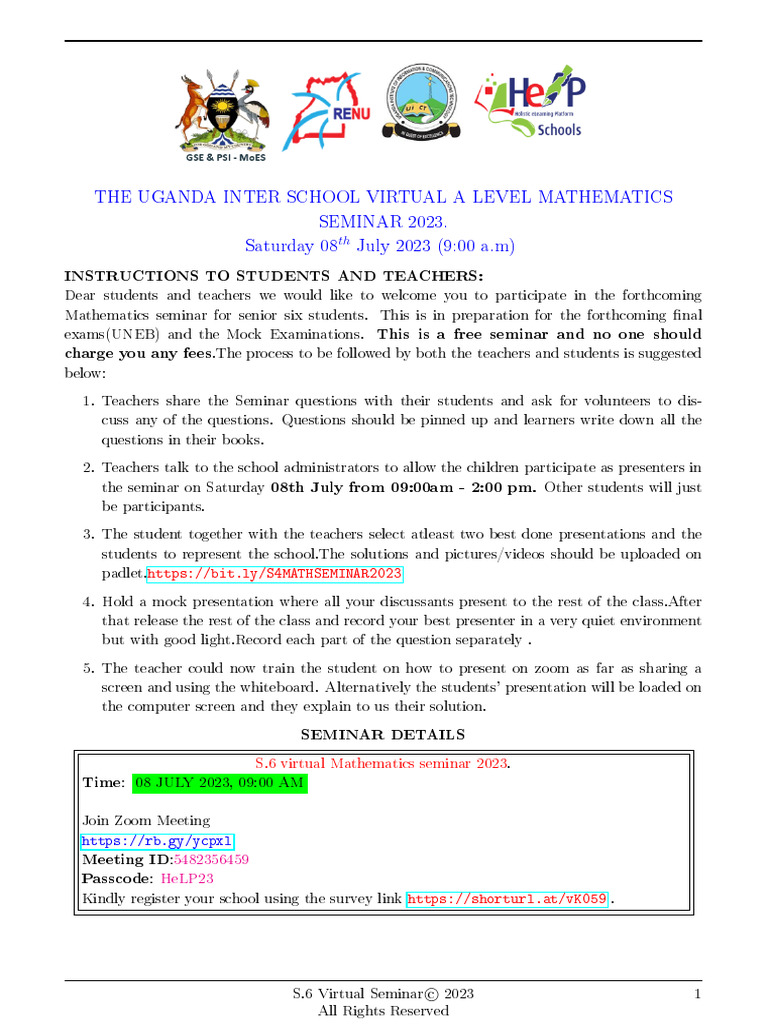 S.6 Mathematics Seminar Questions 2023. | PDF | Force | Acceleration