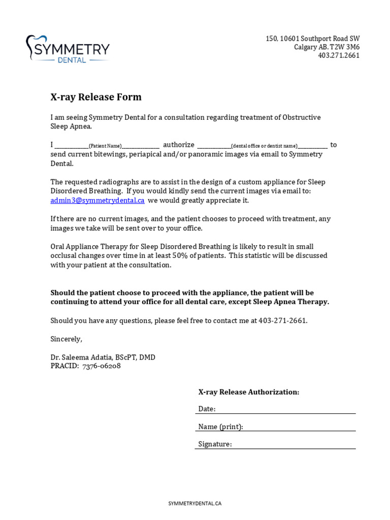 X-ray Release Form for Sleep Apnea Treatment | PDF