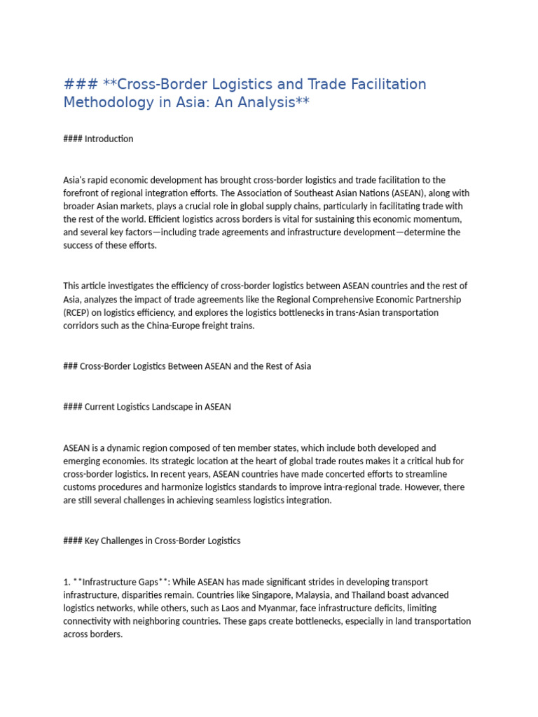 Cross-Border Logistics and Trade Facilitation Methodology in Asia: An ...