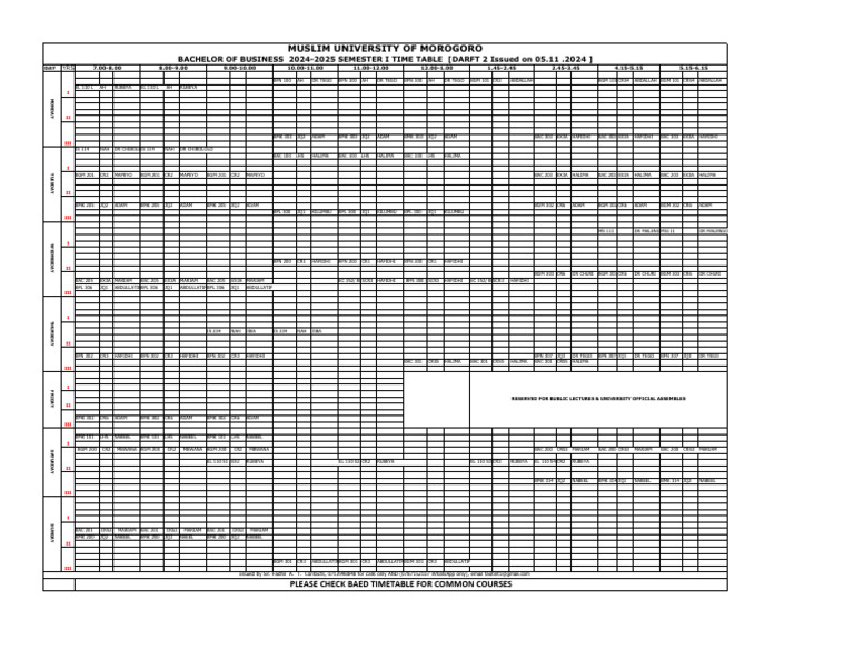 Bbs Draft 2 Mum Time Table 2024.2025 | PDF