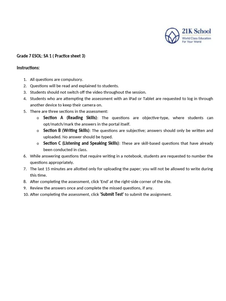 Grade 7 ESOL Assessment Practice Sheet | PDF | Outer Space | Solar System